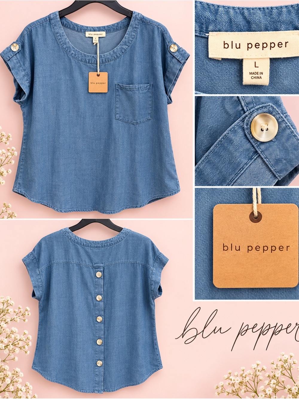 Blu Pepper Women’s Chambray Blue Short-Sleeve Button-Back Top